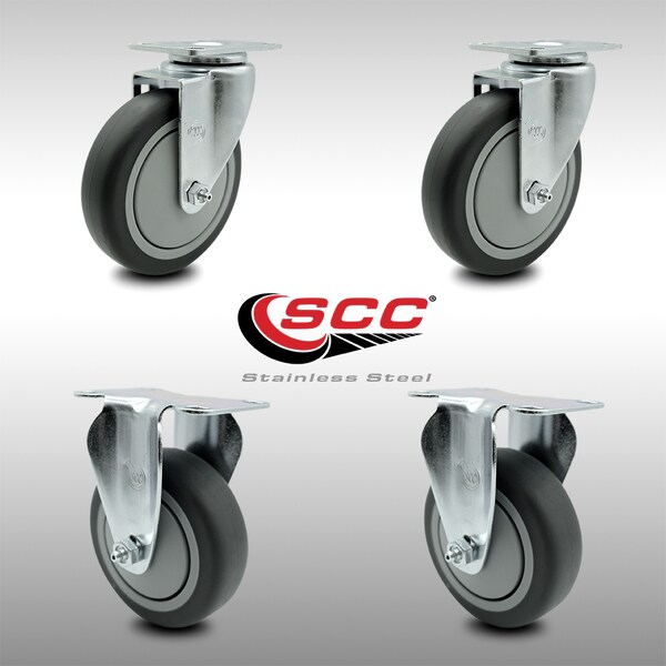 5 Inch SS Thermoplastic Rubber Wheel Swivel Top Plate Caster Set with 2 Rigid